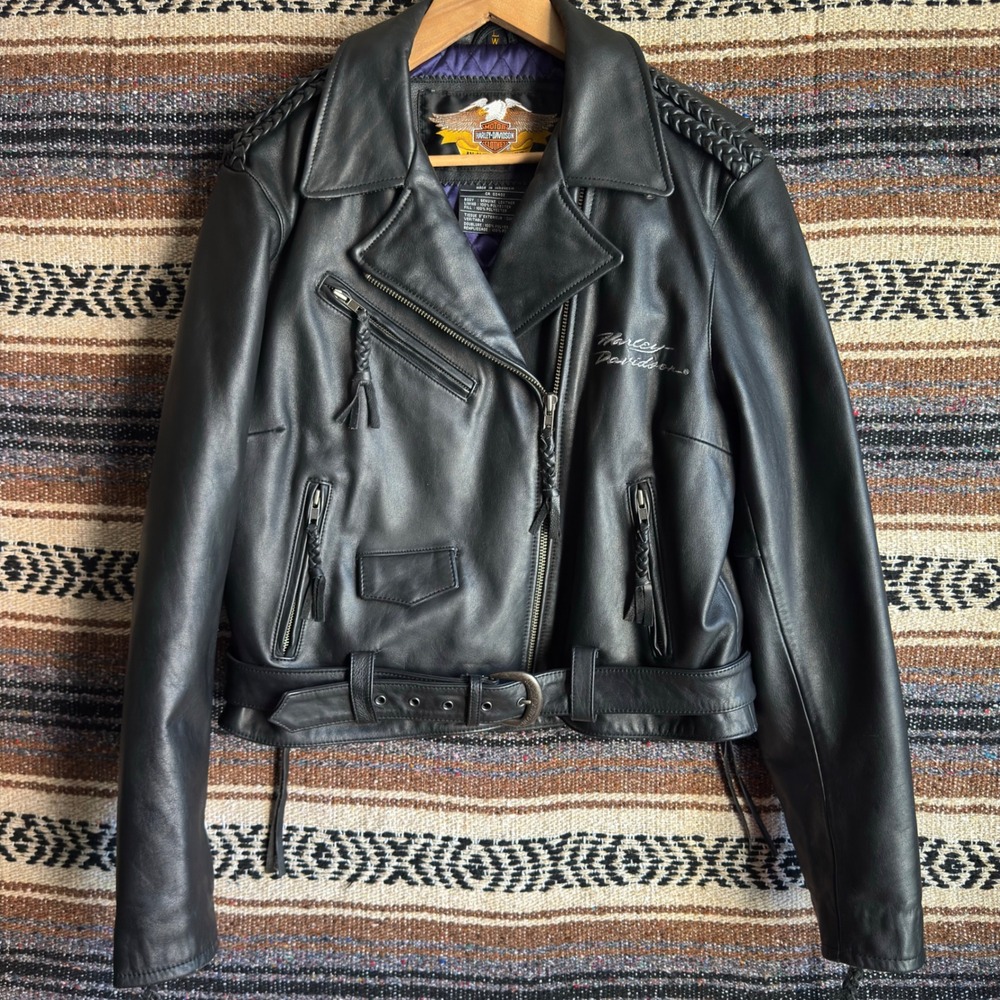 Harley Davidson Leather Biker Jacket Large Black Braided Lace Up Belted Moto